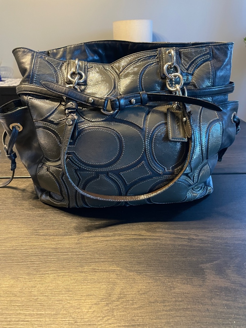 Coach Colette Black Leather Shoulder Bag with Signature Circle Appliqué